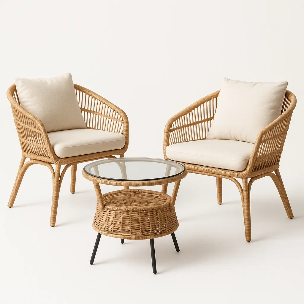 Conjuntos bistró pequeños de ratán para exterior con mesa de vidrio