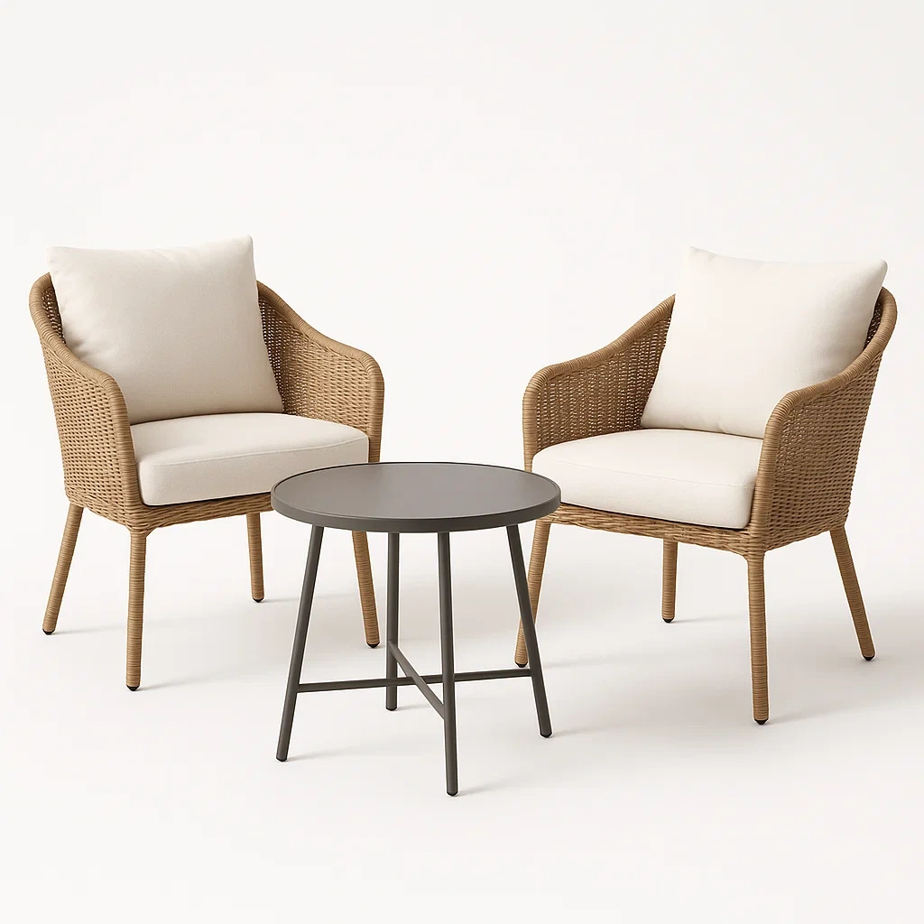 Conjuntos bistró pequeños de ratán beige con mesa de metal gris