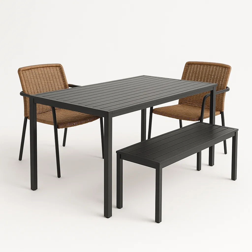 Conjuntos de comedor con mesa de aluminio, sillas de mimbre y banco