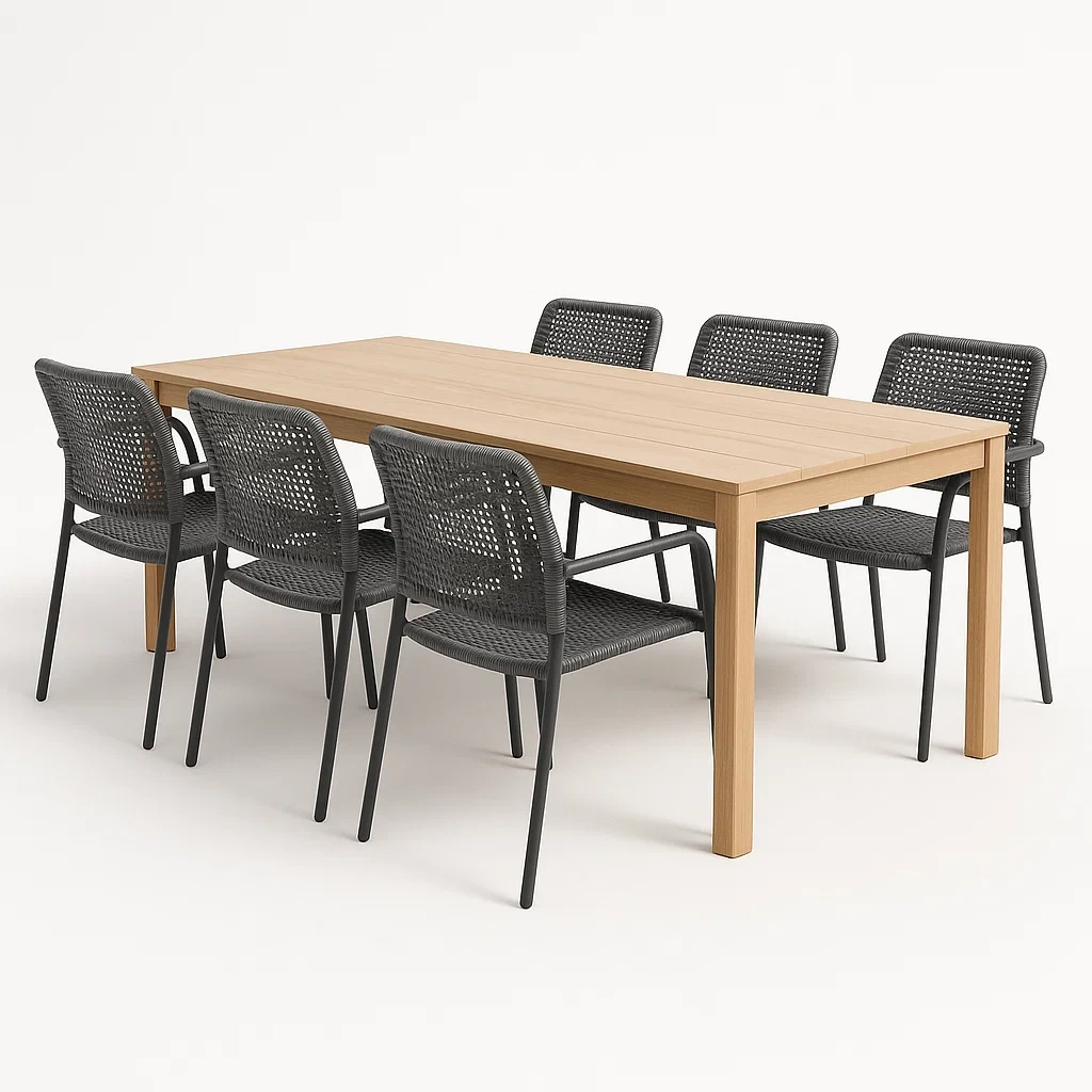 Conjuntos de comedor de 7 piezas de madera y acero para exterior