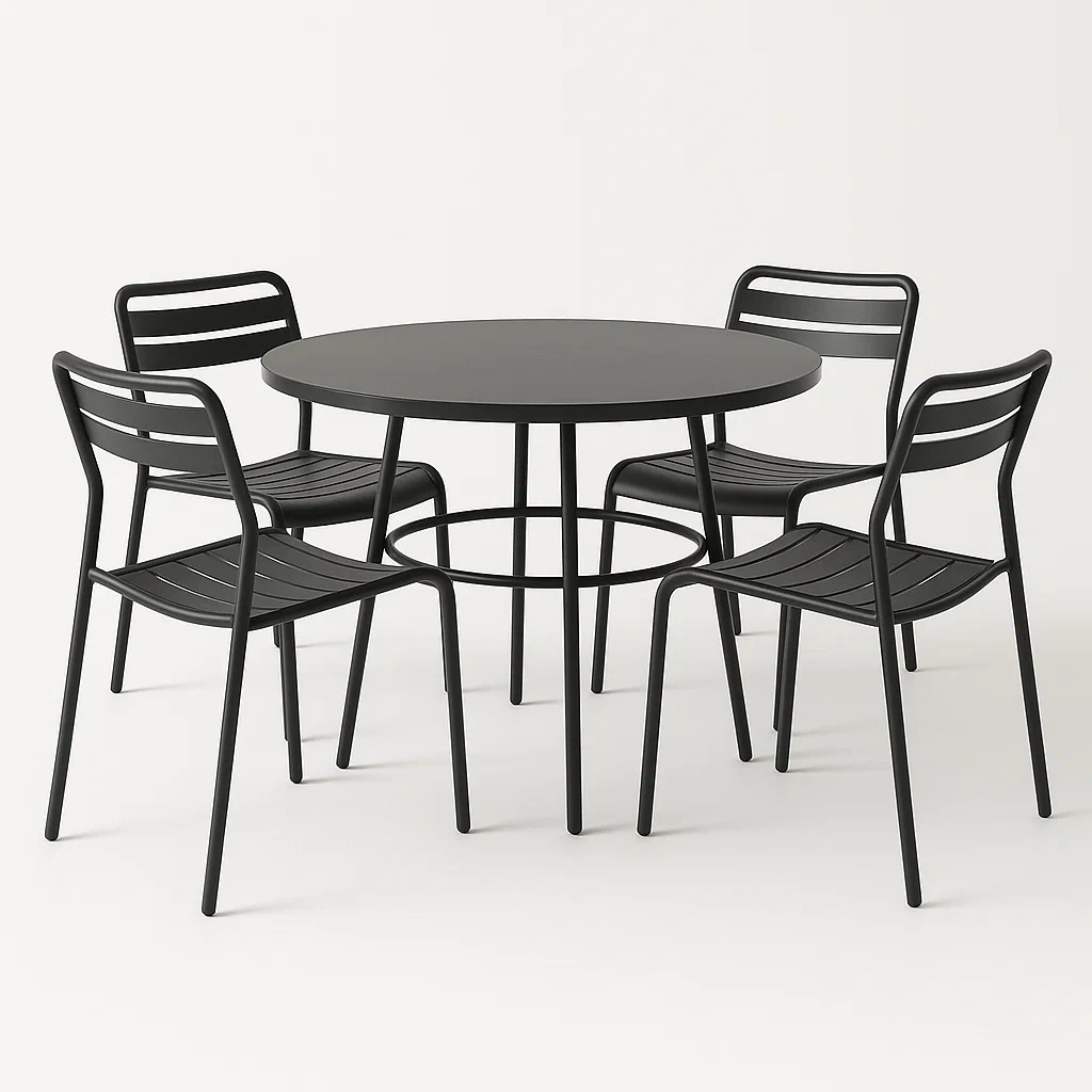 Conjuntos de comedor con mesa redonda y 4 sillas de aluminio en color negro para interior/exterior