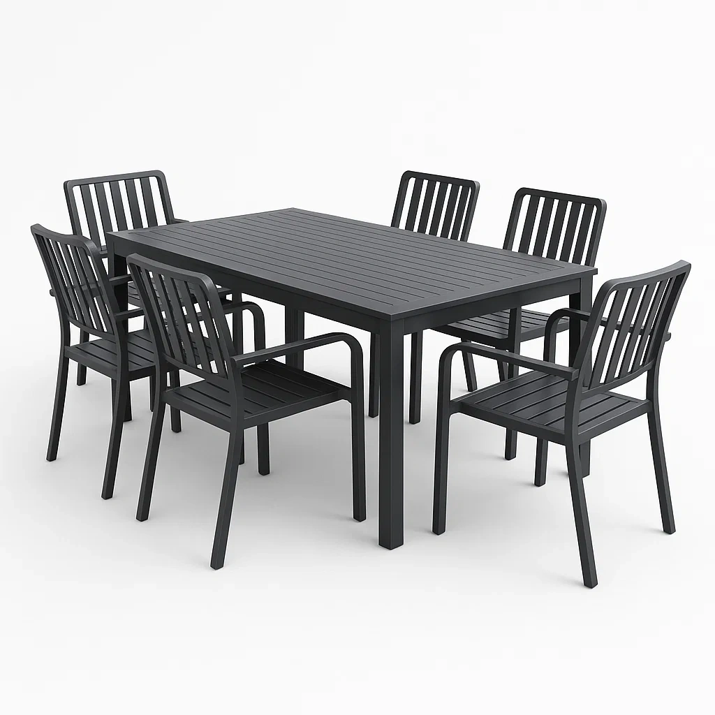 Conjuntos de comedor con mesa y 6 sillas de metal en color negro para exterior