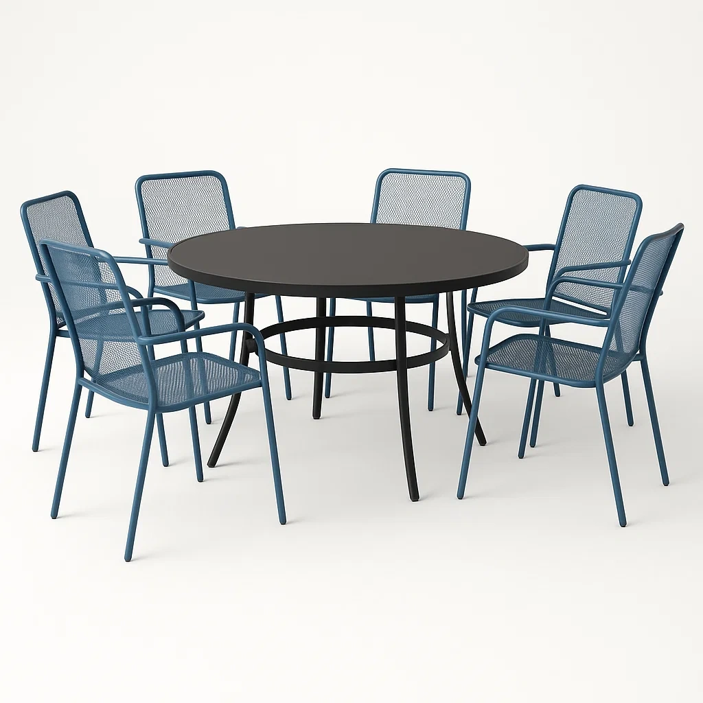 Conjuntos de comedor redondos de 7 piezas con mesa metálica negra y sillas de acero en color azul