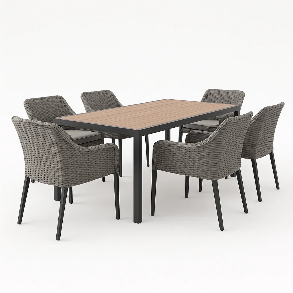 Conjunto de comedor para exterior con mesa de aluminio y tablero de madera compuesta y 6 sillas de ratán sintético