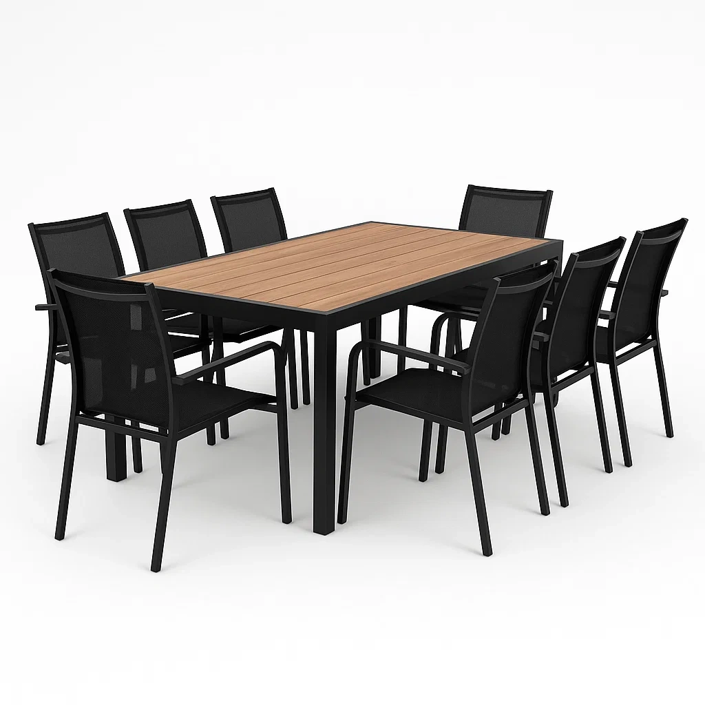 Conjuntos de comedor con mesa y 8 sillas de aluminio y madera en color negro natural