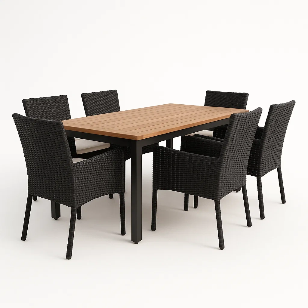 Conjuntos de comedor de 7 piezas para exterior con mesa de madera y aluminio y sillas de ratán sintético negro