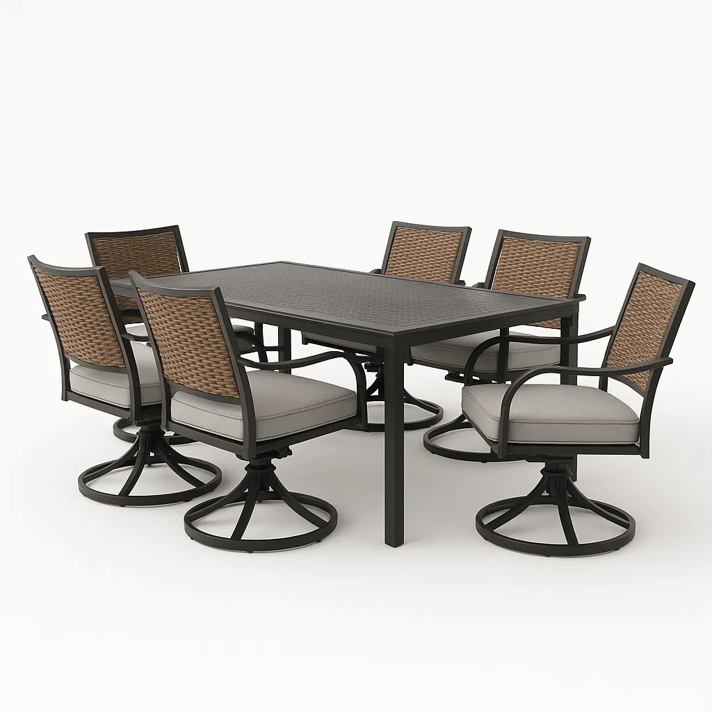 Conjuntos de comedor para exterior de aluminio y ratán sintético en marrón/gris