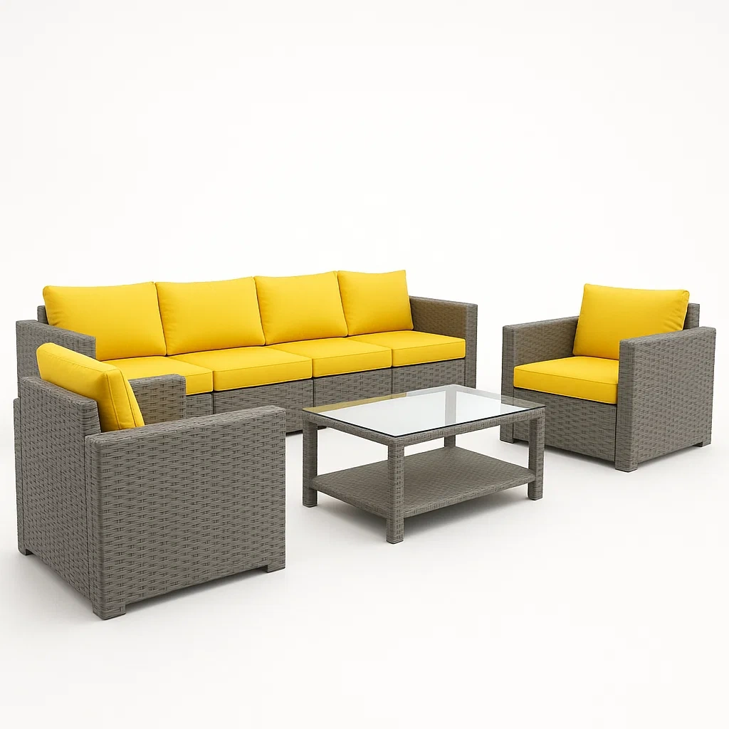 Conjuntos de conversación de ratán sintético en color gris con mesa de cristal