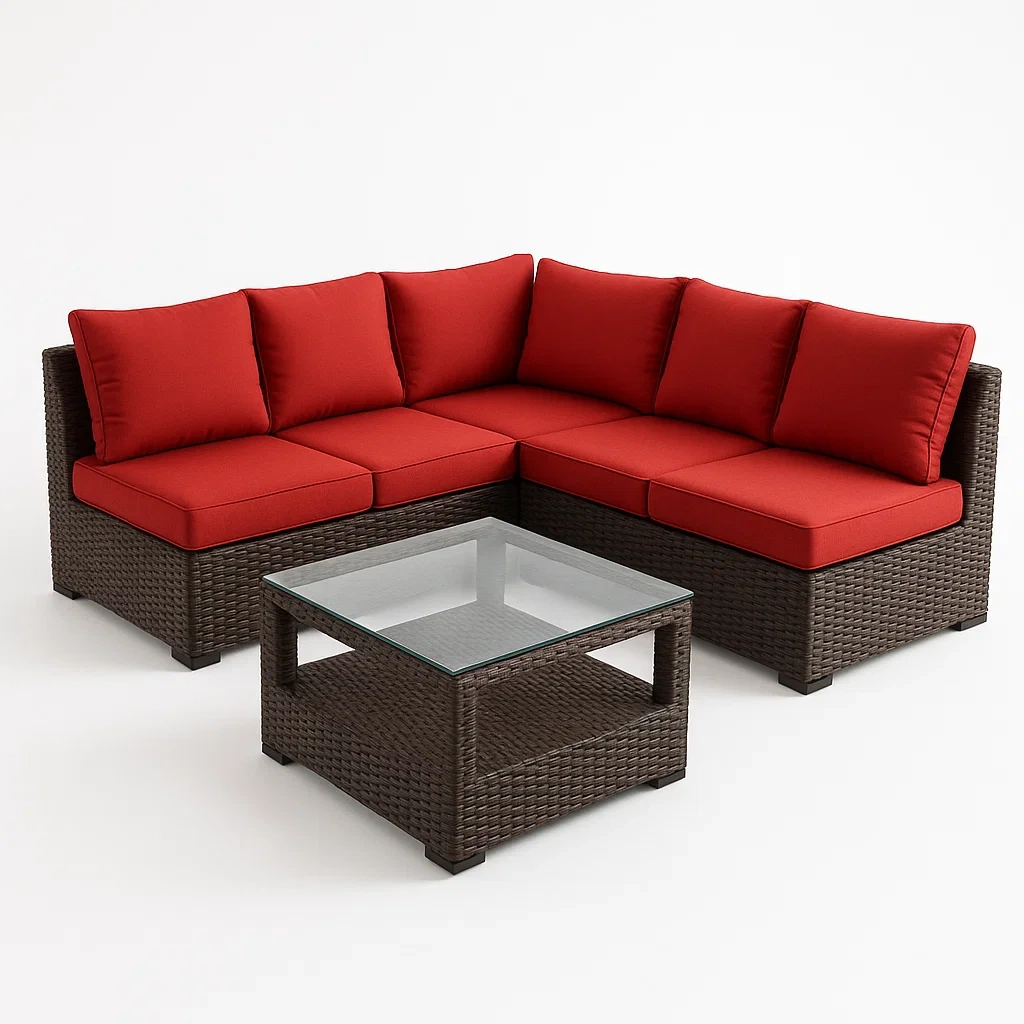 Conjuntos de conversación seccionales de ratán con mesa de vidrio templado en color rojo