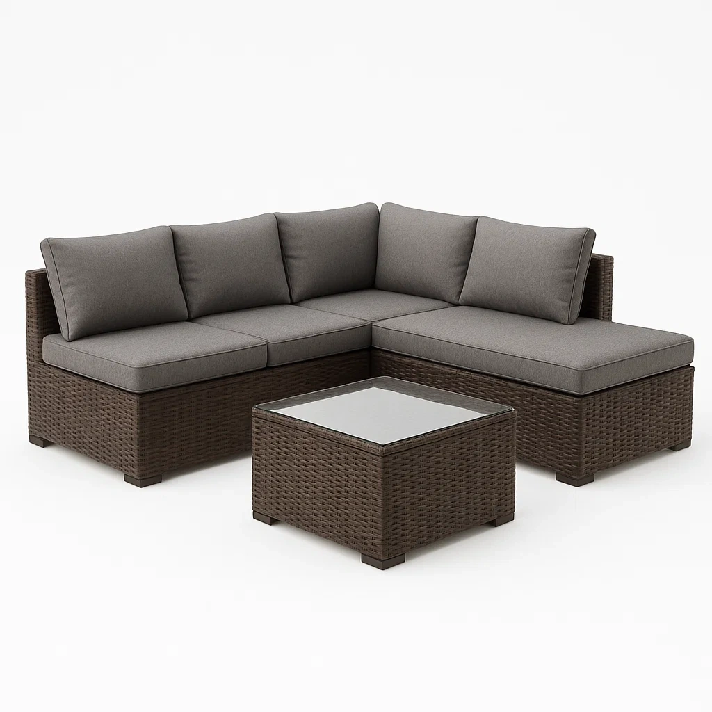 Conjuntos de conversación esquineros de ratán con mesa de cristal