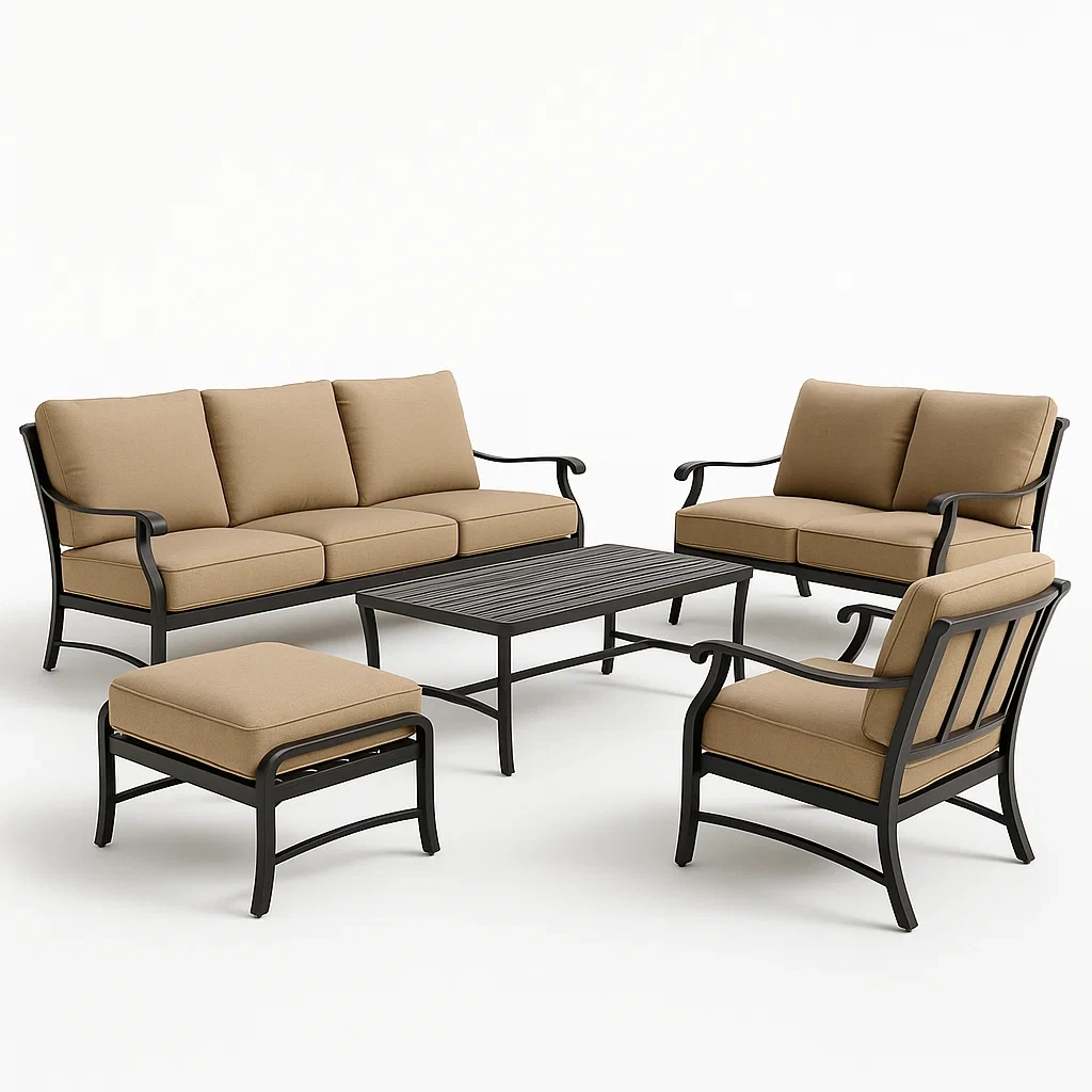 Conjunto de conversación de aluminio en negro con cojines beige y mesa rectangular