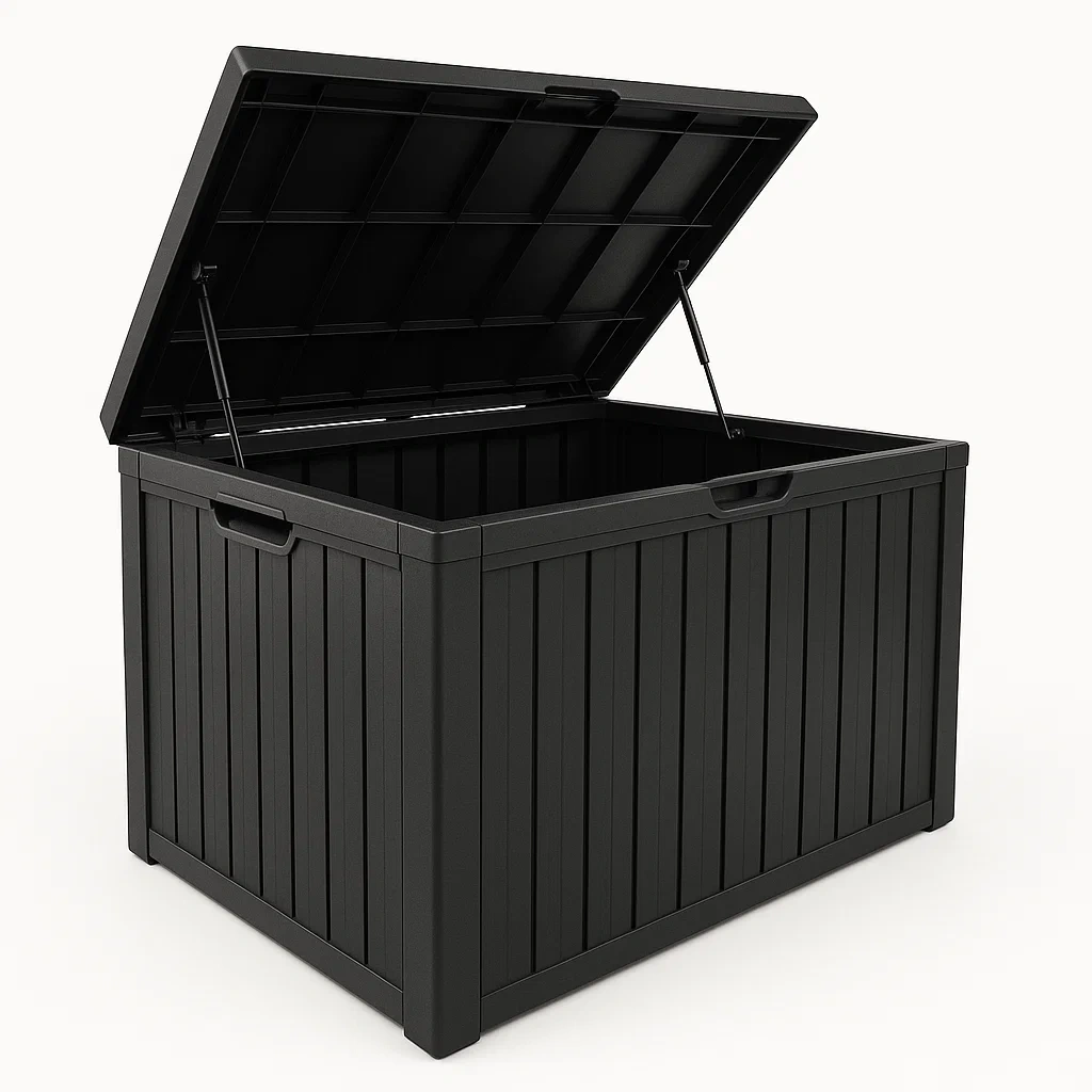 Baúl de almacenamiento para exterior de plástico en color negro 117×45×57 cm