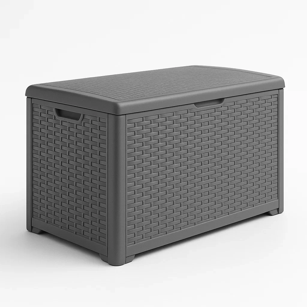 Baúl de almacenamiento para exterior de plástico ratán en color gris con tapa