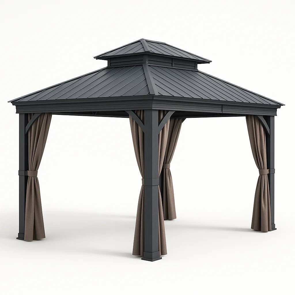 Cenador de aluminio con techo de acero en color gris y cortinas de poliéster en color marrón