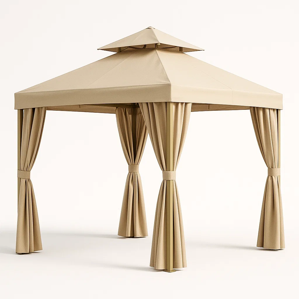 Cenador con estructura de metal y cortinas de poliéster en color beige