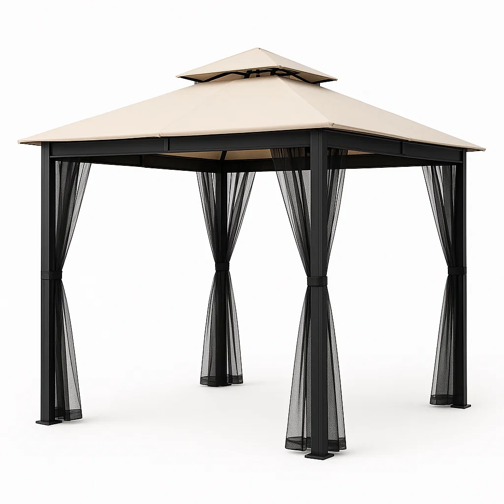 Cenador de aluminio con techo de poliéster en color beige y malla negra