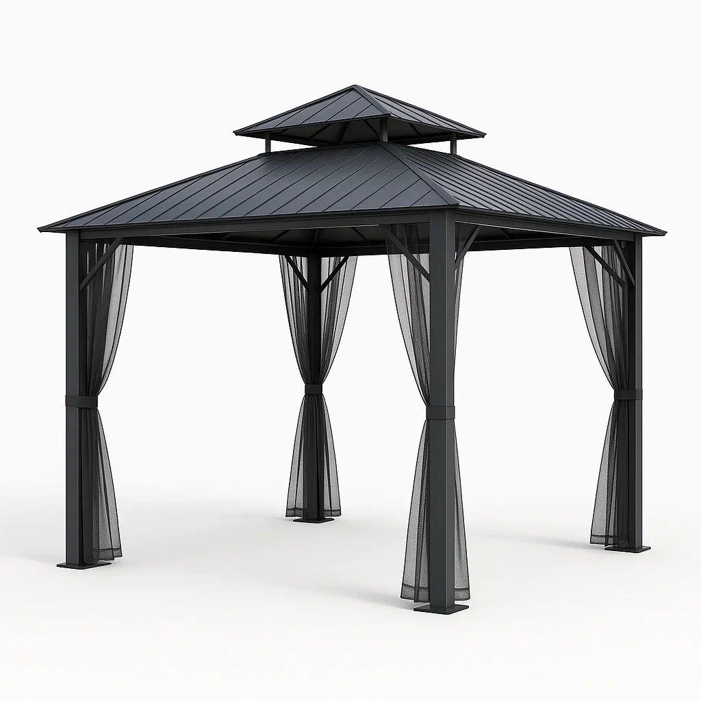 Cenador de metal con techo de doble nivel y cortinas de malla