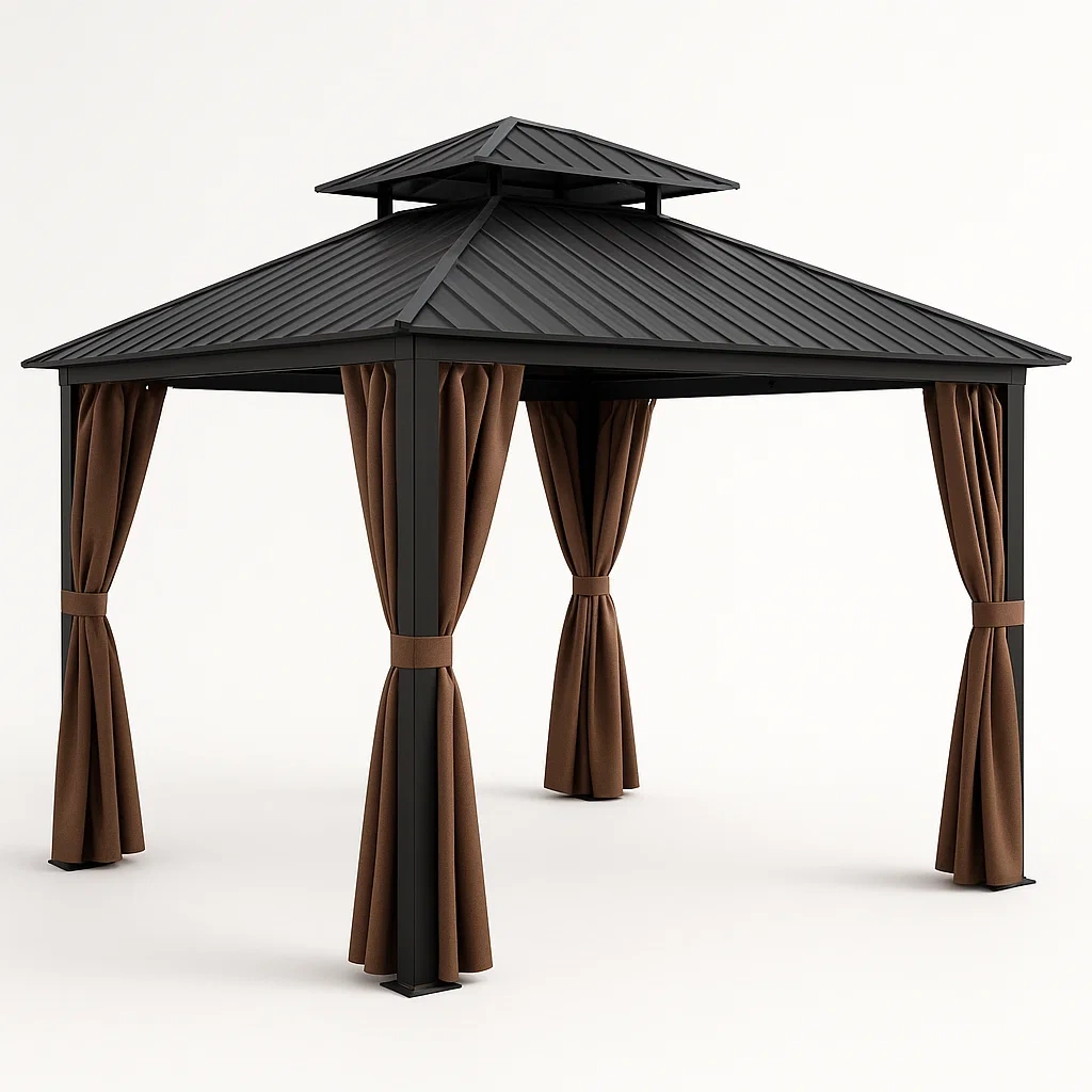 Cenador de aluminio con cortinas de poliéster en color marrón