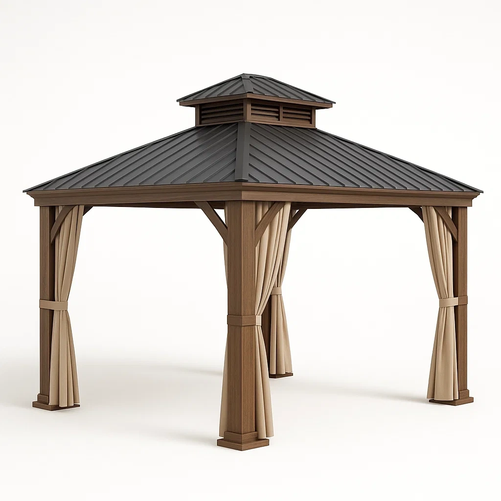 Cenador de aluminio con techo de acero y cortinas en color beige