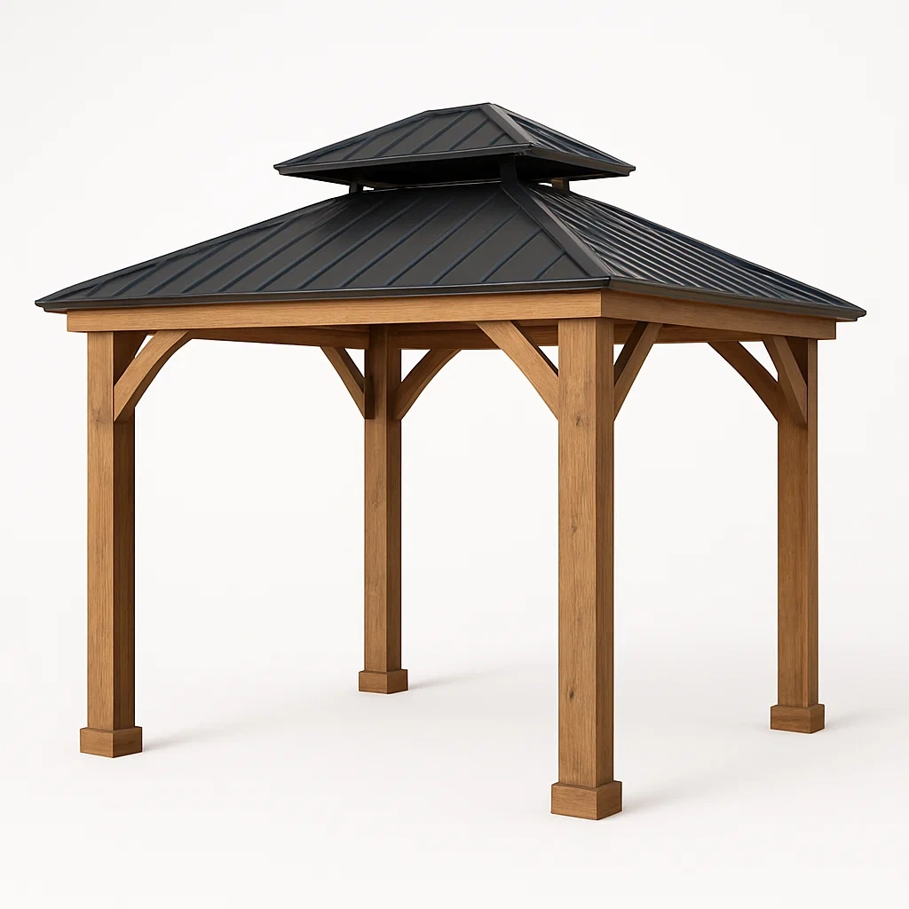 Cenador de madera con techo de metal 300×300×280 cm