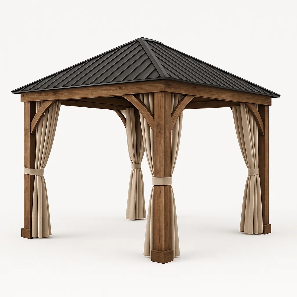 Cenador de madera con techo de metal y cortinas de poliéster