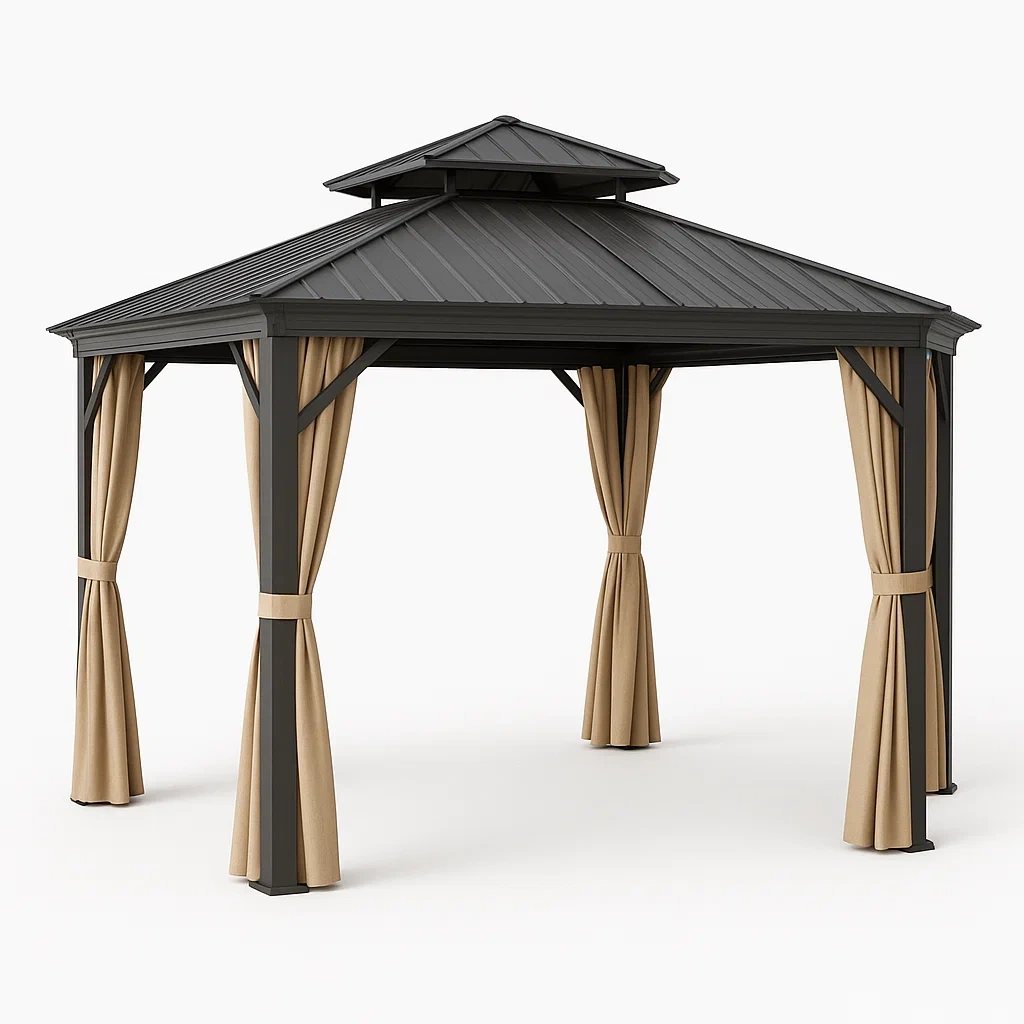 Cenador de aluminio con techo de acero y cortinas de poliéster en color beige