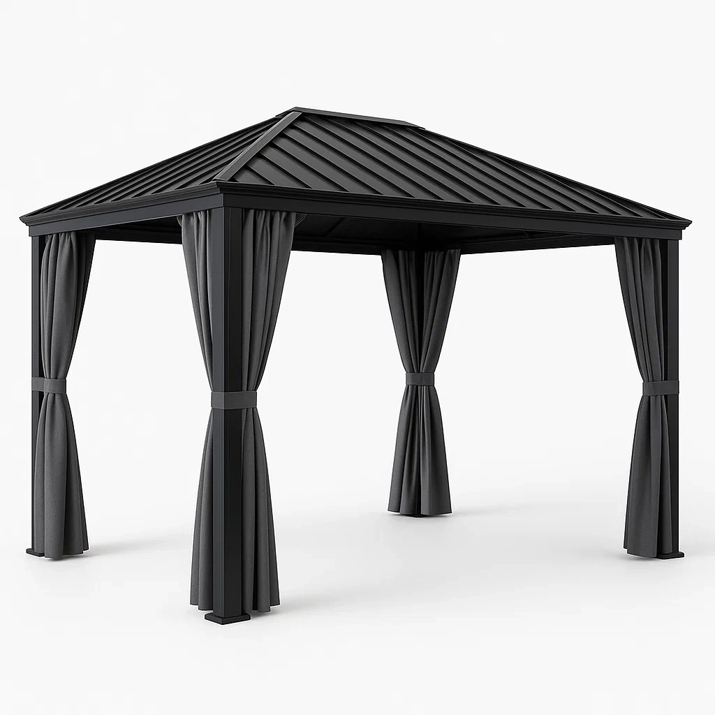 Cenador con techo de metal y cortinas de tela en color negro