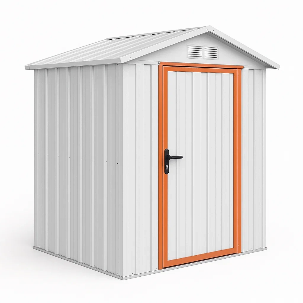 Cobertizo metálico de acero galvanizado en color blanco y naranja