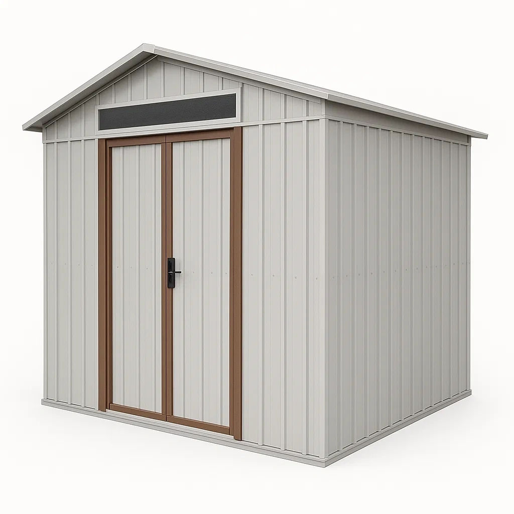 Cobertizo metálico en color gris y marrón con puertas abatibles