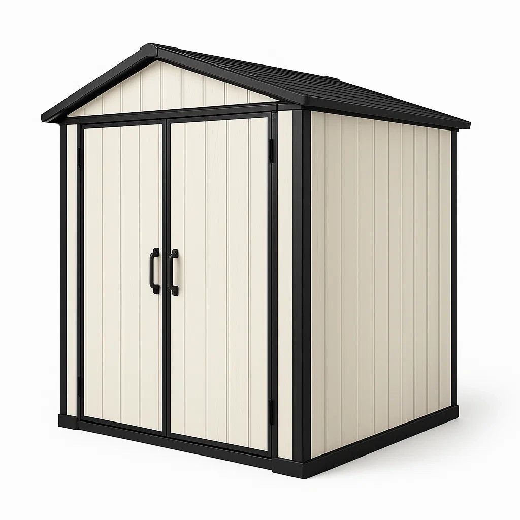 Cobertizo de resina con marco de acero 190×195×210 cm en beige y negro