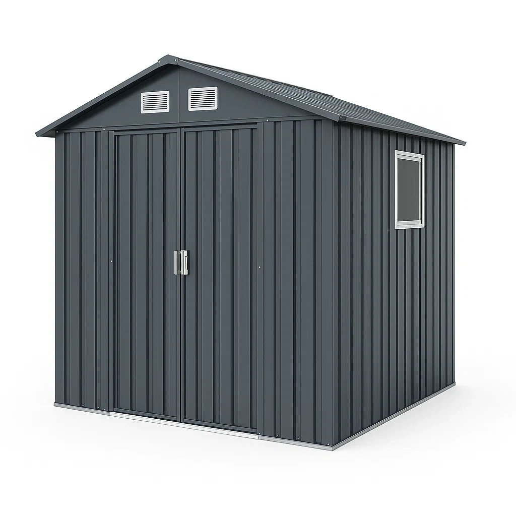 Cobertizo metálico con ventana y puerta doble en color gris