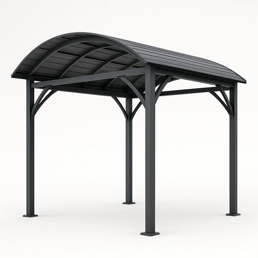 Cochera de metal en color negro con techo arqueado