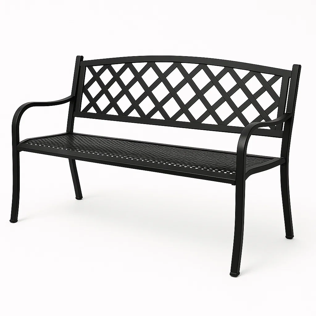 Banco de jardín de metal negro con respaldo cruzado