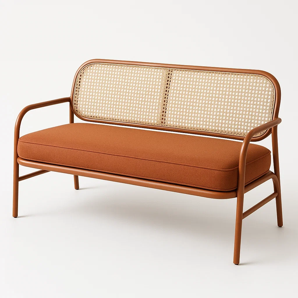 Banco de metal y ratán para exterior en color terracota para dos plazas