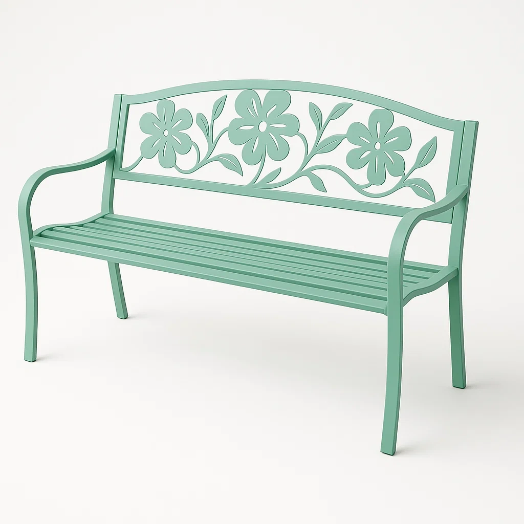 Banco de metal con diseño floral en color verde