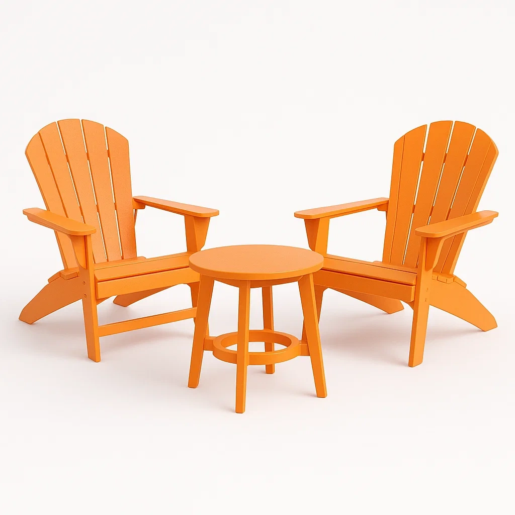 Conjunto de mesa y sillas Adirondack de madera plástica en color naranja