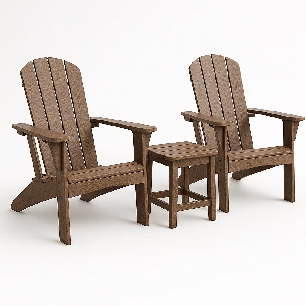 Conjunto de mesa y sillas Adirondack en madera compuesta marrón para exterior