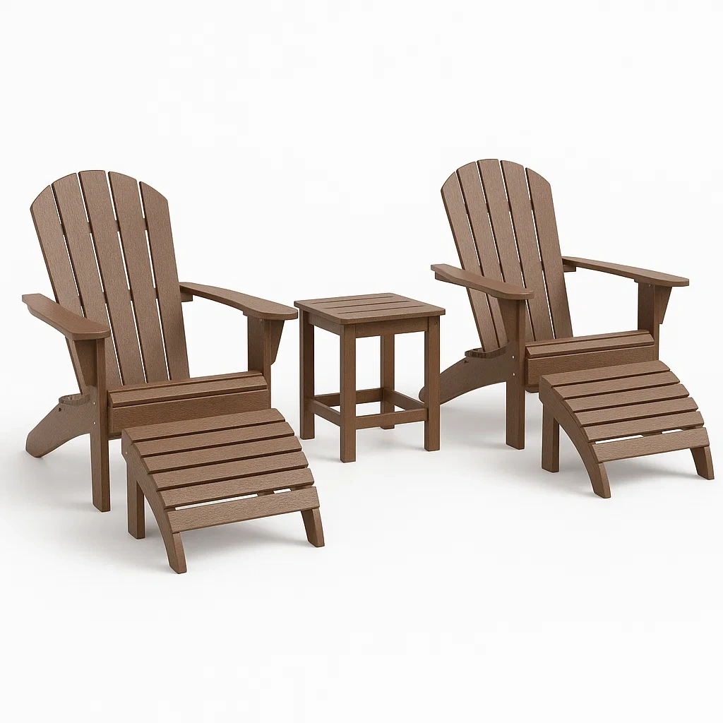 Conjunto de mesa y sillas Adirondack con reposapiés en plástico marrón
