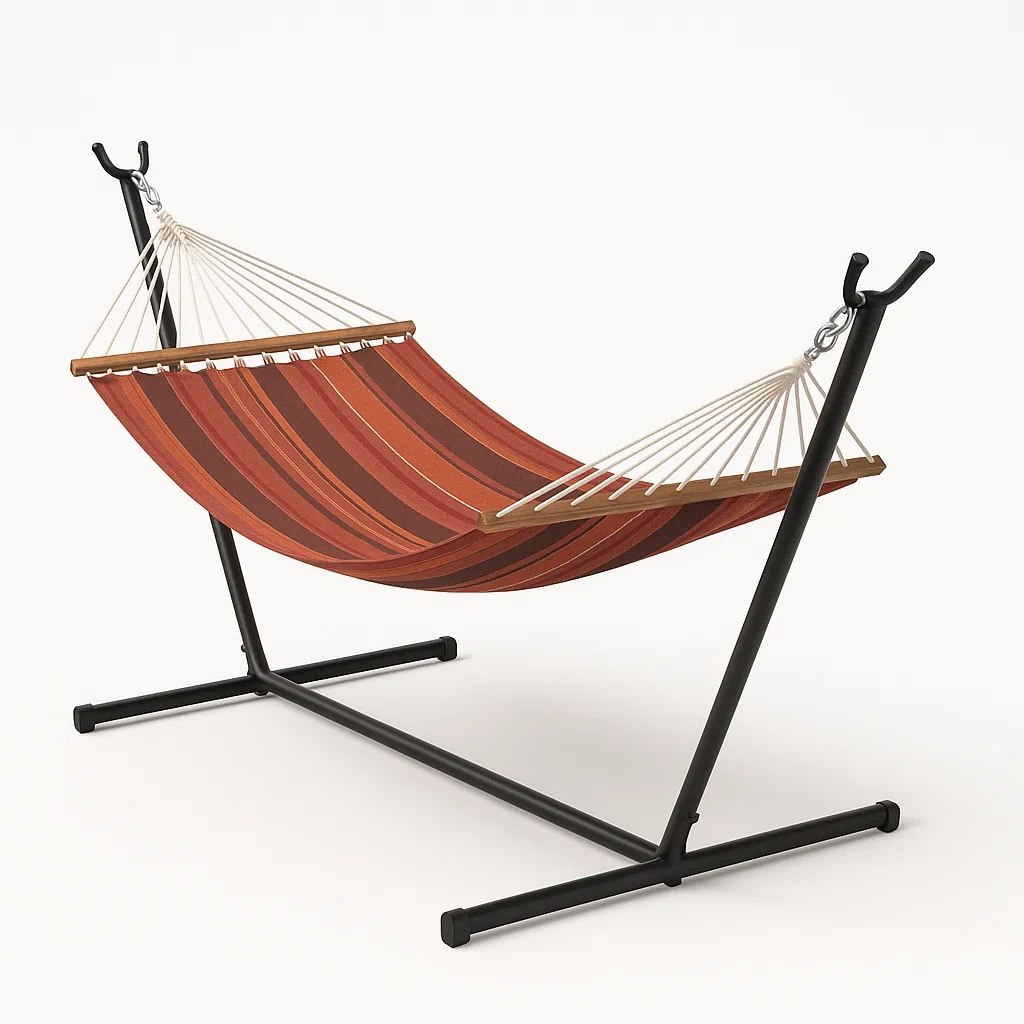 Hamaca de poliéster a rayas con soporte de acero en color marrón
