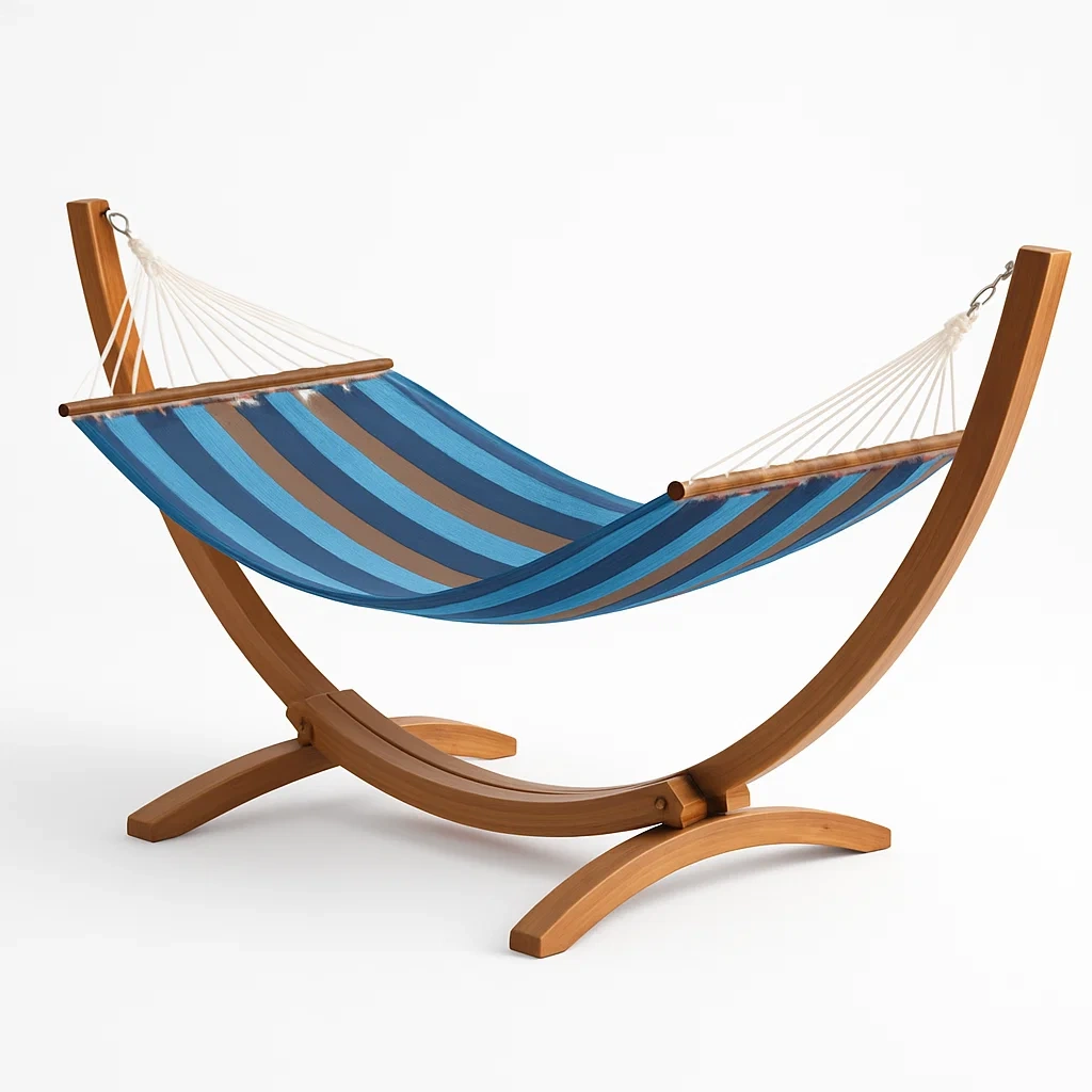 Hamaca con soporte de madera y tela a rayas