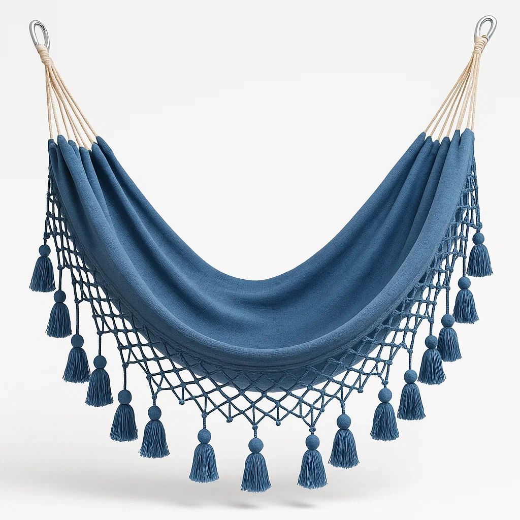 Hamaca colgante de algodón en color azul con flecos