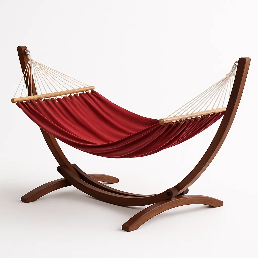 Hamaca de algodón en color rojo con soporte de madera