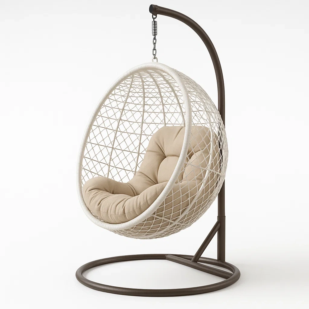 Silla colgante tipo huevo de mimbre sintético con base metálica en color beige