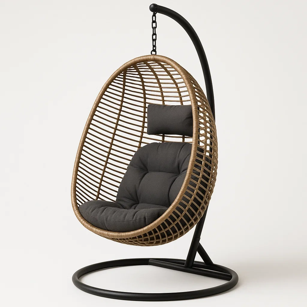 Silla colgante tipo huevo de ratán sintético en color gris oscuro