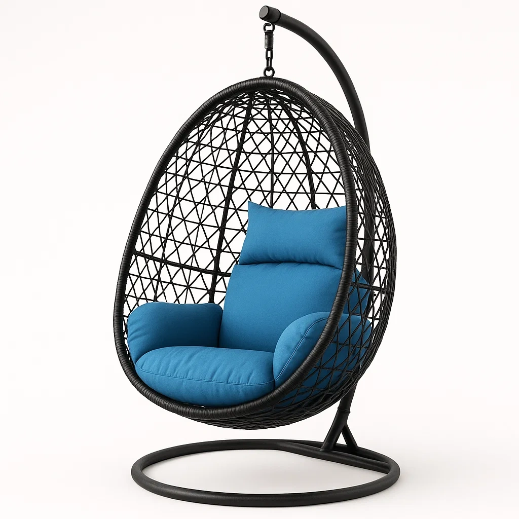 Silla colgante tipo huevo de ratán y acero en color azul