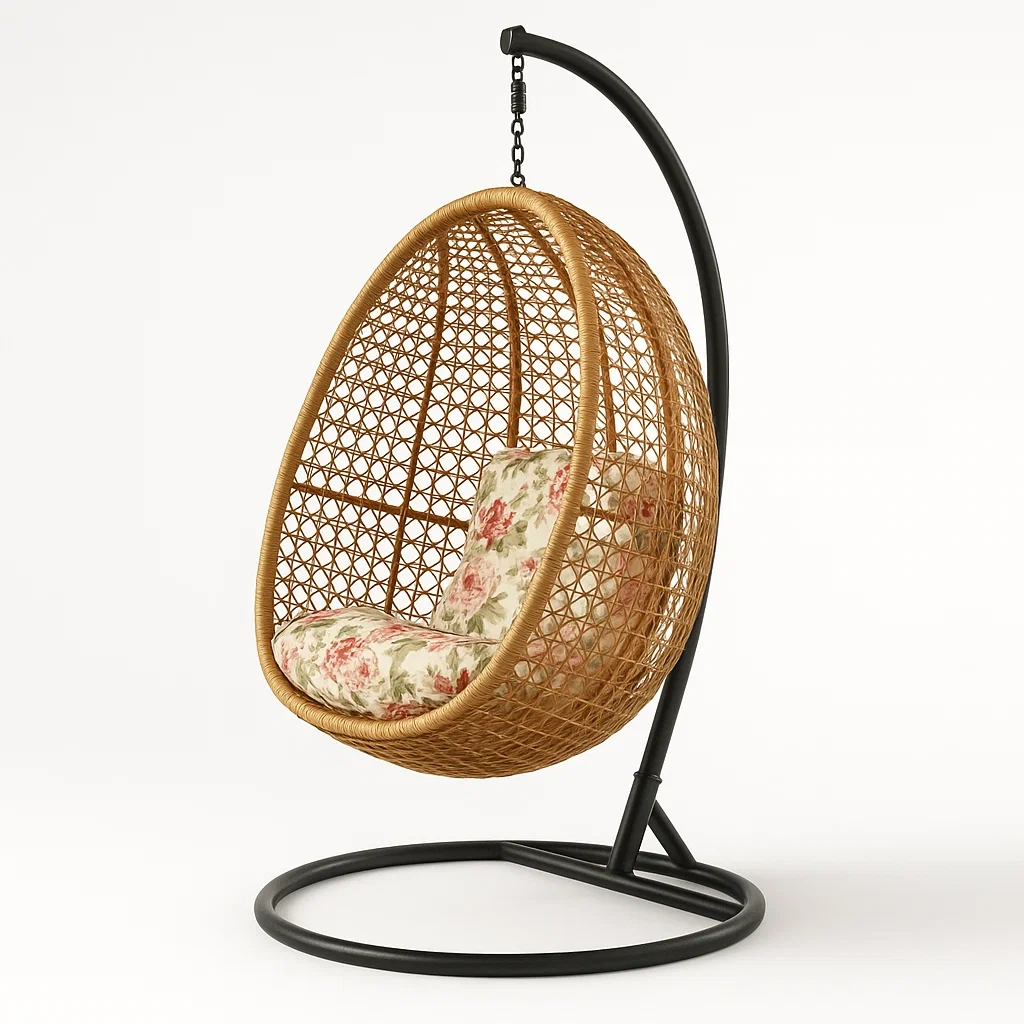 Silla colgante tipo huevo de ratán sintético con base de acero en color negro