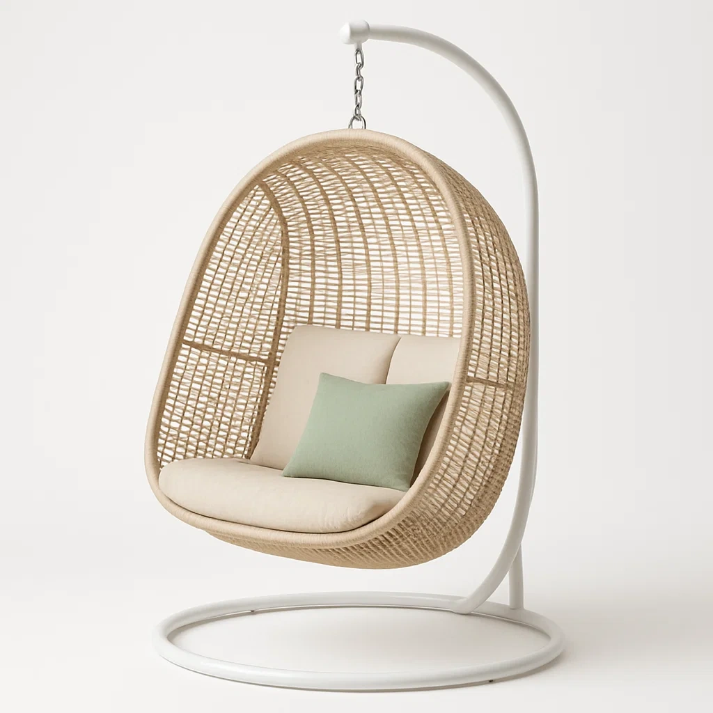 Silla colgante tipo huevo de ratán sintético con estructura metálica en color blanco