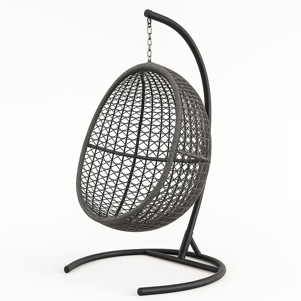 Silla colgante tipo huevo de ratán sintético en color gris con estructura de metal
