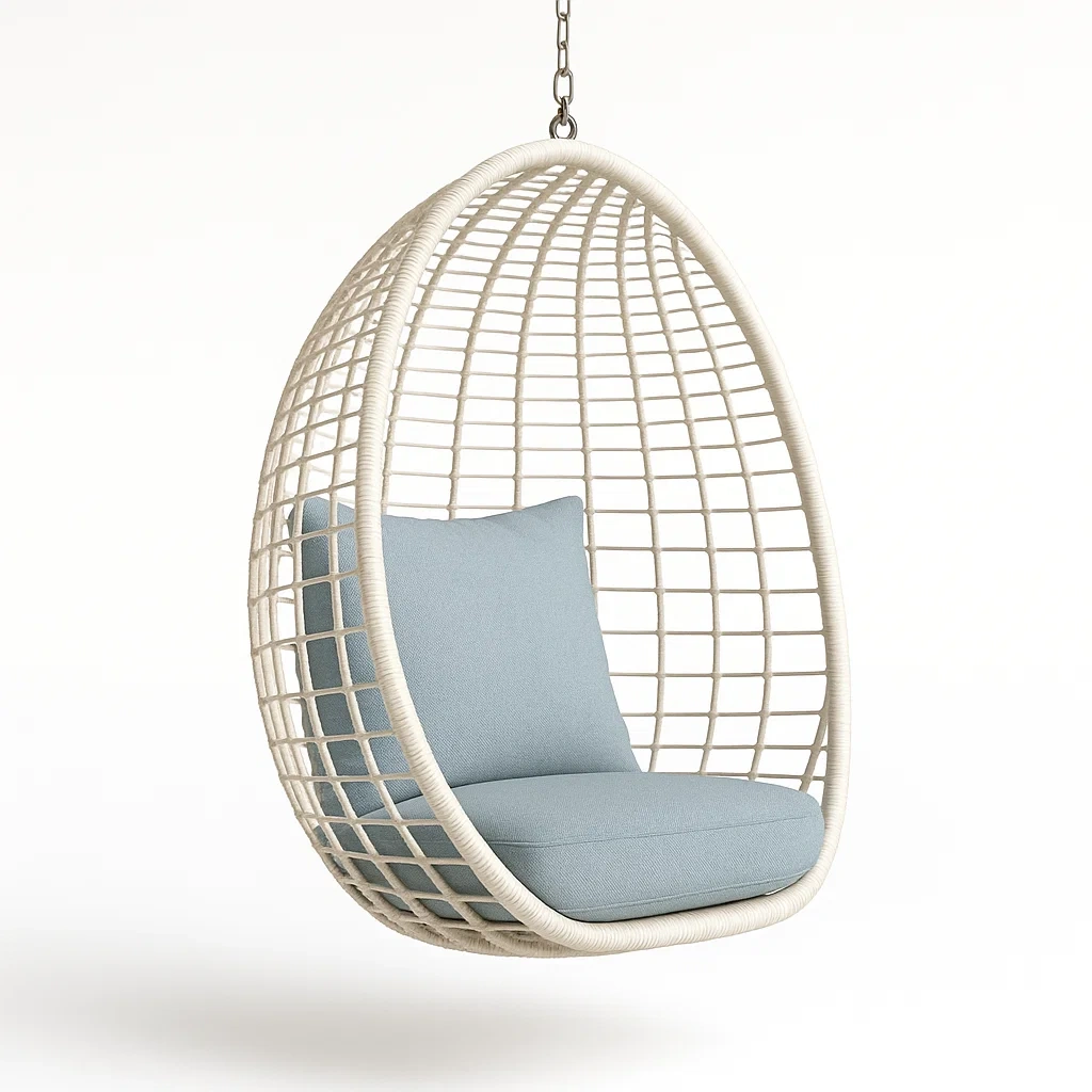 Silla colgante tipo huevo de ratán sintético para exterior en color azul claro