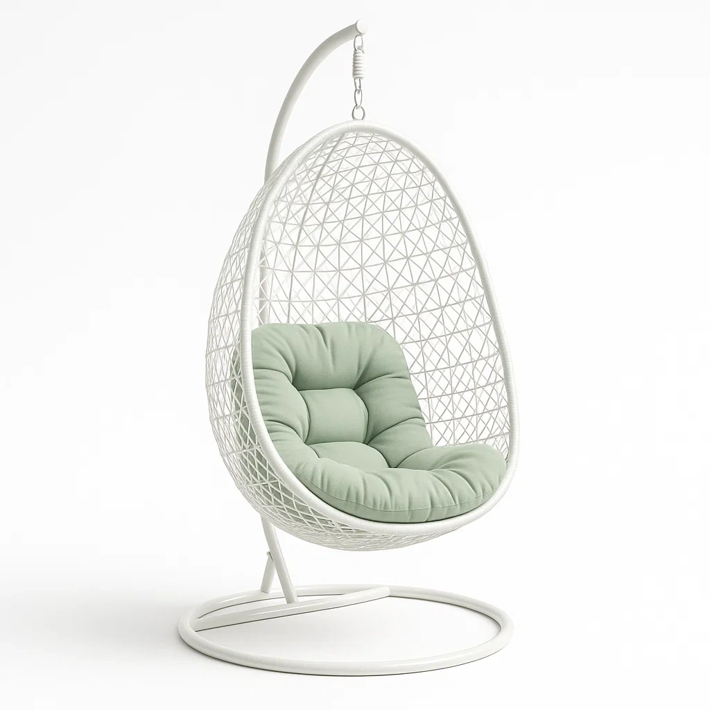 Silla colgante tipo huevo con estructura de metal en color blanco y cojín en color verde claro